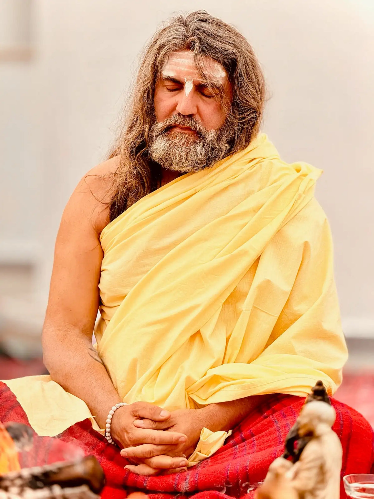 Yellow sari with red border and white beads